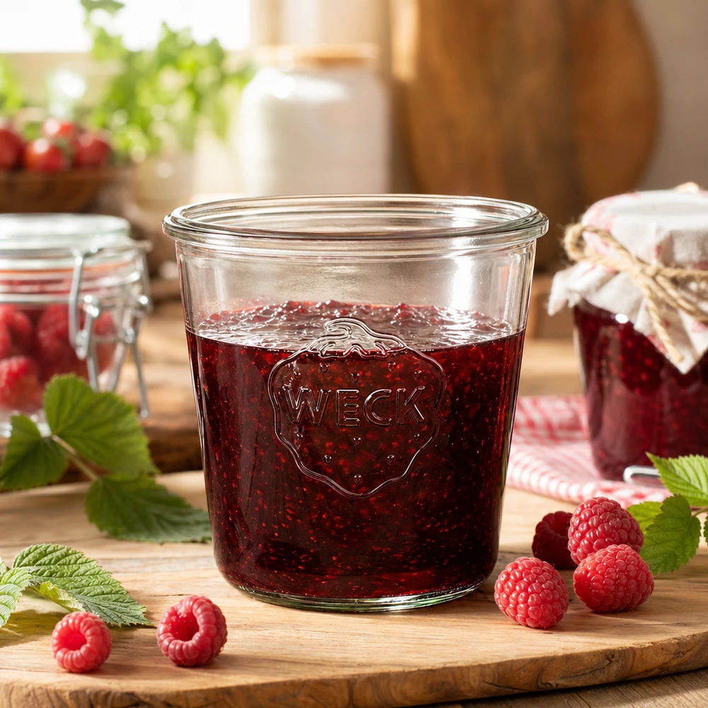 580ml juomalasit WECK RR100 WECK 580ml RR100-purkki täynnä vadelmahilloa puulaudalla, jossa on tuoreita vadelmia ja mintunlehtiä.