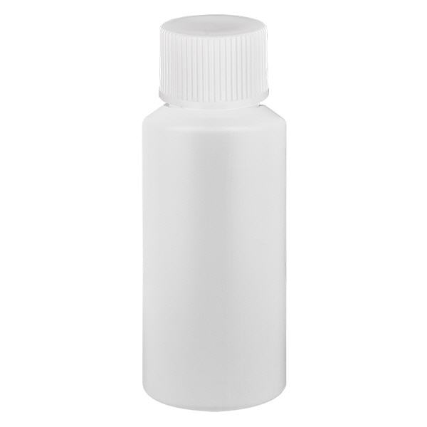 Apteekkipullo HDPE 30ml valkoinen, valkoisella kierrekorkilla varustettuna Apteekkipullo HDPE 30ml valkoinen, valkoisella kierrekorkilla varustettuna
