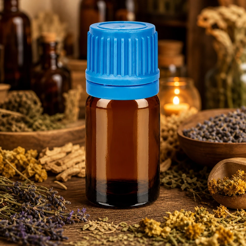 5ml BrownLine-lasipullo UV-suojalla ja sinisellä 11mm kierrekorkilla aromaterapiaa varten