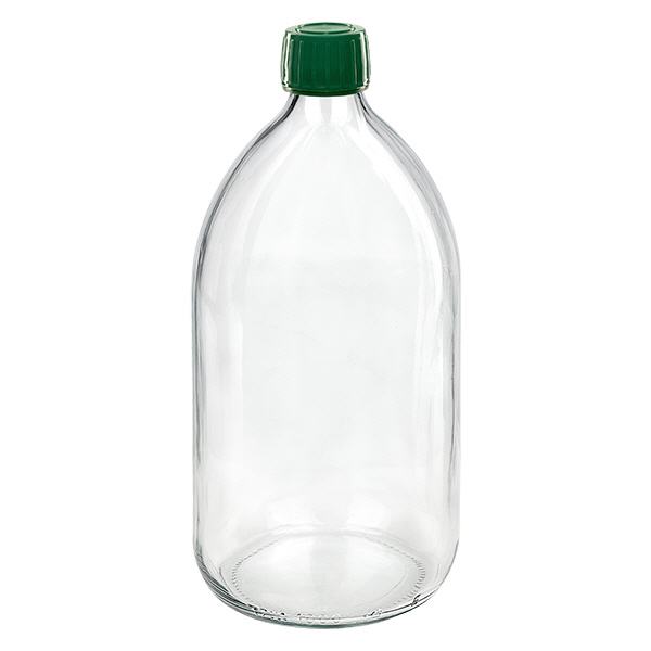1000ml lääkepullo kirkas, korkki vihreä, jossa peukaloinnin estävä rengas ApoGlas.