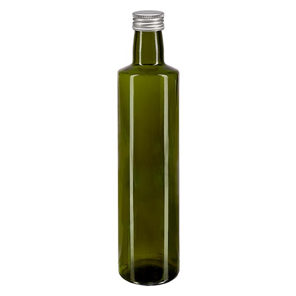 500ml kierrekorkillinen pullo pyöreä oliivinvihreä, jossa on hopeinen korkki.