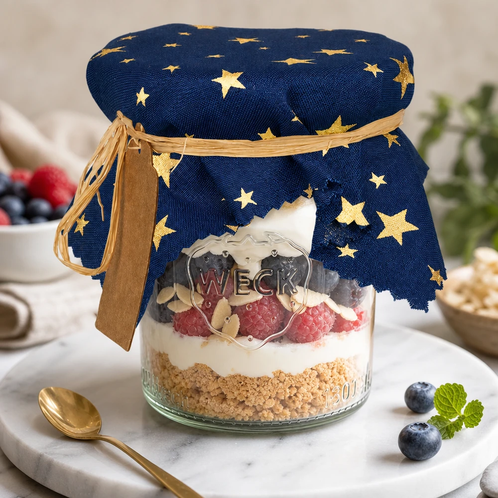 Blaues Sternenmuster Schmuckdeckchen auf Dessertglas mit Beeren und Sahne - dekoratives Stoffdeckchen 15cm eckig