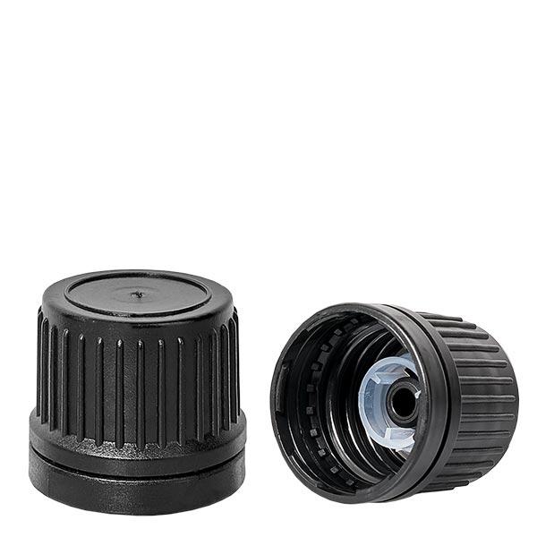 Ruuvikorkki top kaaderenkaalla musta 18mm tamper evident sulkeminen.