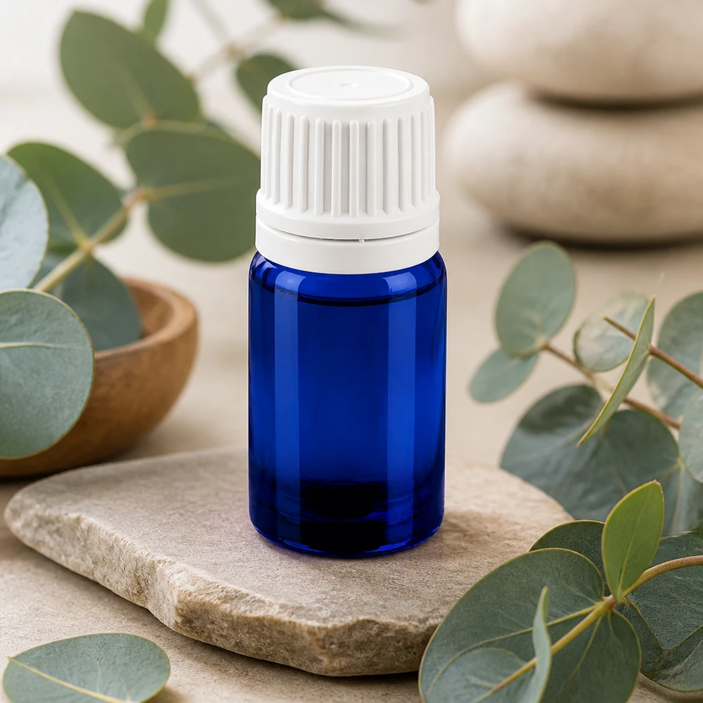 Korkealaatuinen 5ml tippapullo tyylikkään sinisellä ja käytännöllisellä valkoisella kierrekorkilla varustettuna.