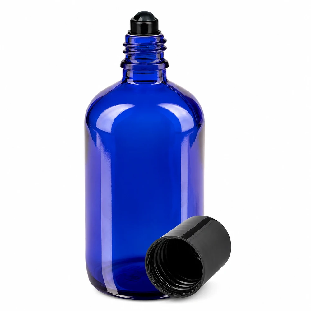 Apteekkipullo sininen 100ml roll-on korkki musta 100 ml:n sininen roll-on-pullo apteekkilasista, jossa on musta rullapää