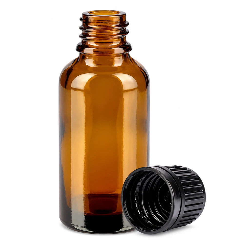 Ruskea 30ml lasipullo mustalla ruuvikorkilla aromaterapiaan ja lääkkeisiin.