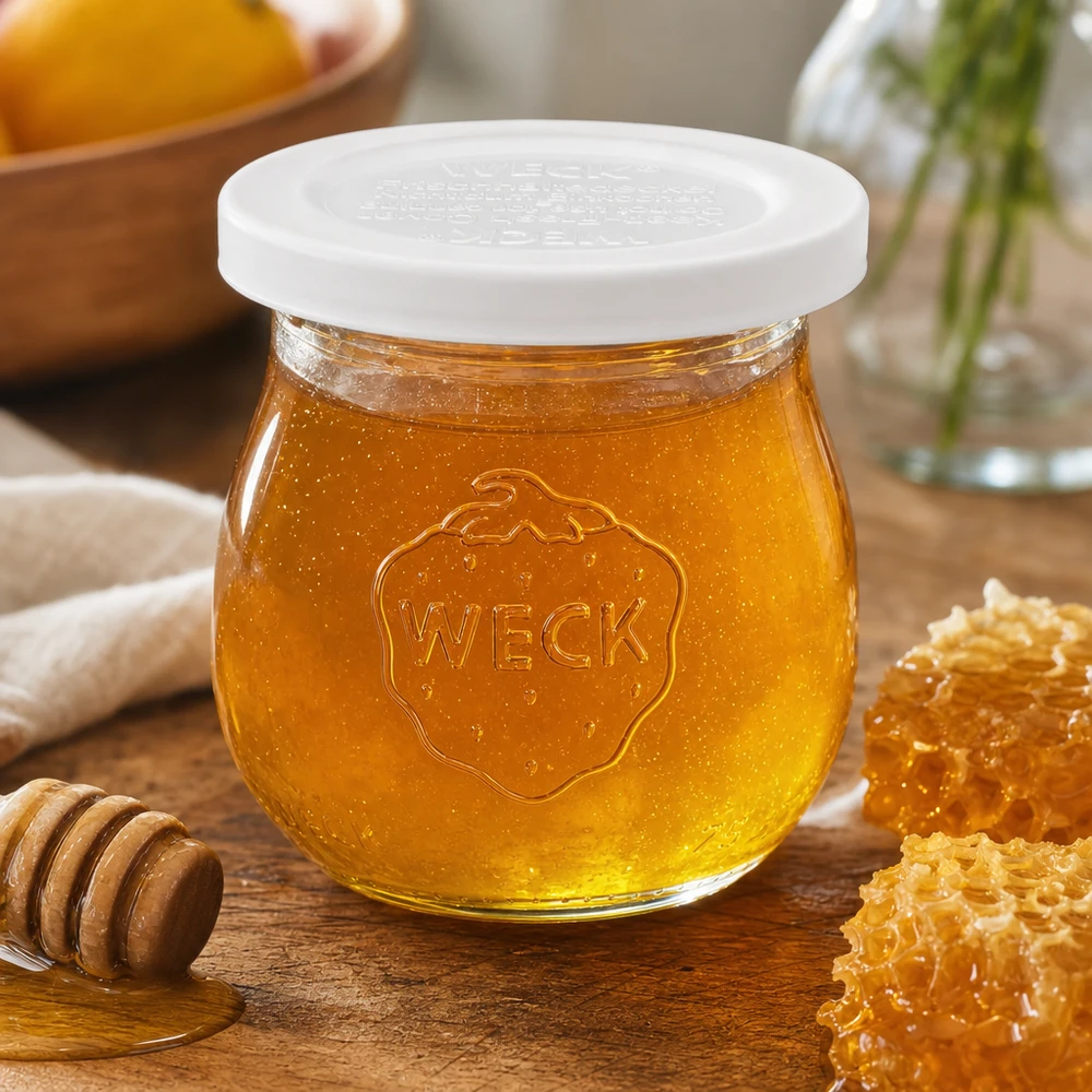 WECK Tulpenglas 75ml mit Honig befüllt neben Waben und Honiglöffel zeigt vielseitige Verwendung des RR40 Einmachglases