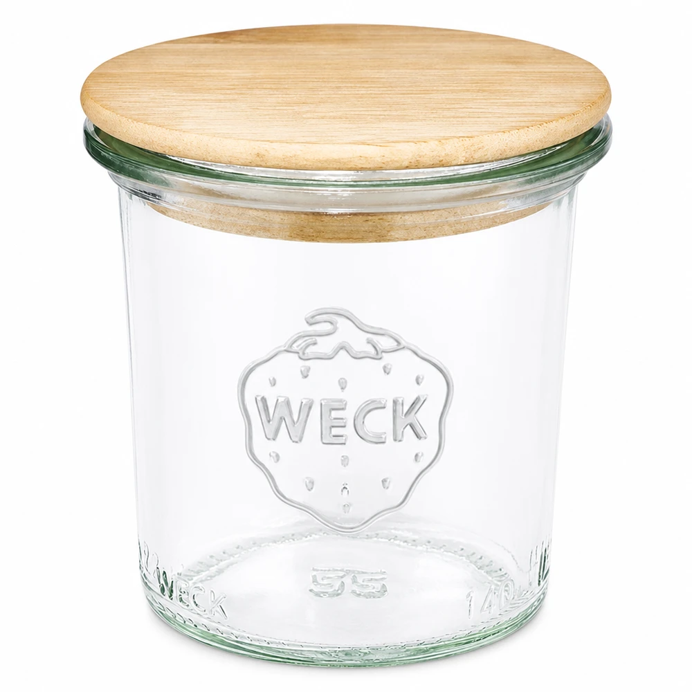 140ml juomapullot WECK RR60 puukannella varustettuna. 140ml WECK RR60 muuripurkki, jossa on puukansi Läpinäkyvä muuripurkki, jossa on luonnollinen puukansi keittiöön