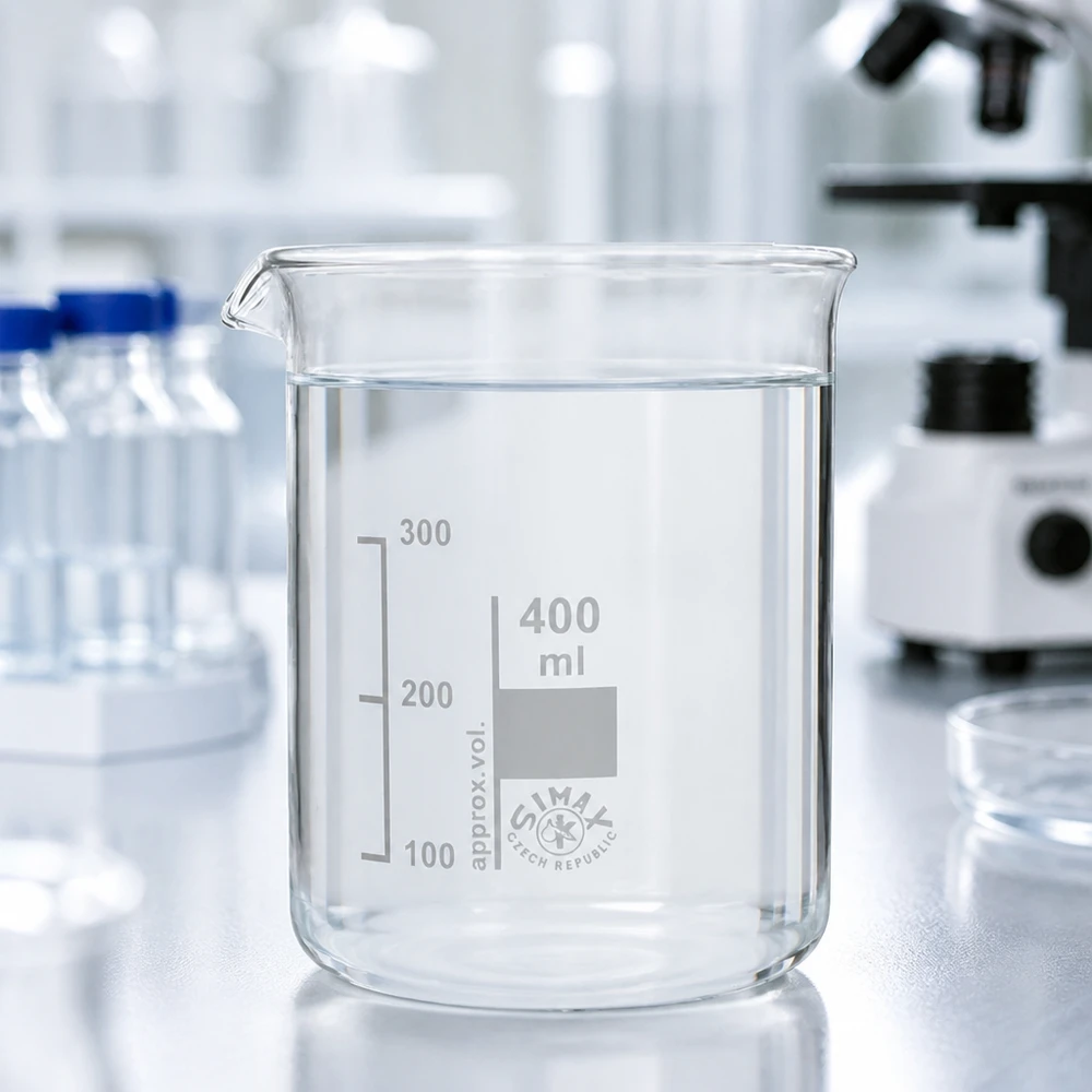 Korkealaatuisesta borosilikaattilasista valmistettu paksuseinäinen laboratoriolasi 400ml tarkkoihin mittauksiin.