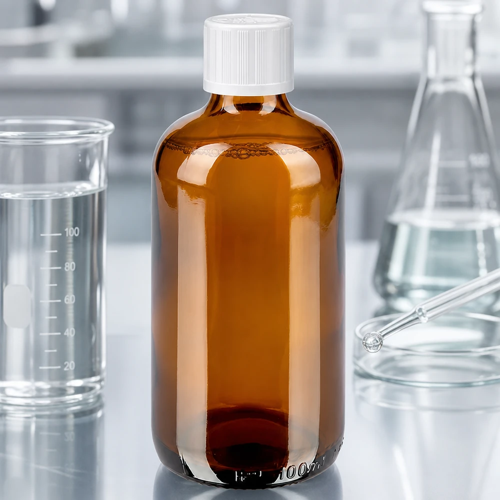 100 ml:n apteekkipullo, ruskeaa lasia, valkoisella kierrekorkilla, lapsiturvallinen, laboratoriossa