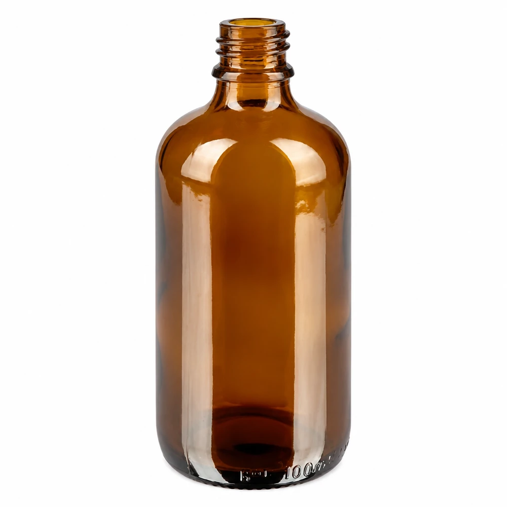 100ml meripihkanvärinen lasipullo, jossa on kierrekierre, monipuolisiin käyttökohteisiin kosmetiikassa ja apteekissa.