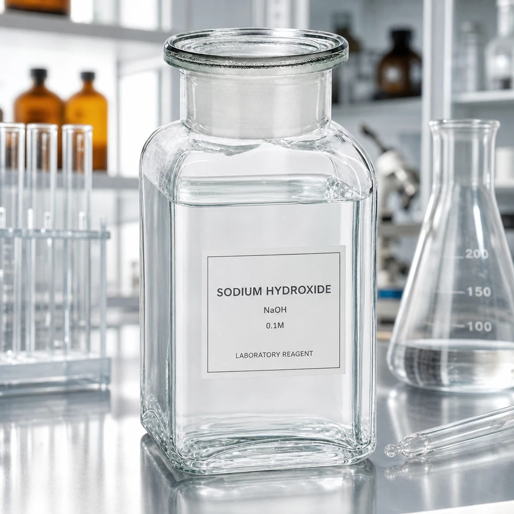 100 ml:n kirkas laboratoriopullo, jossa on natriumhydroksidiliuosta (NaOH) ja lasitulppa, leveäkaulainen