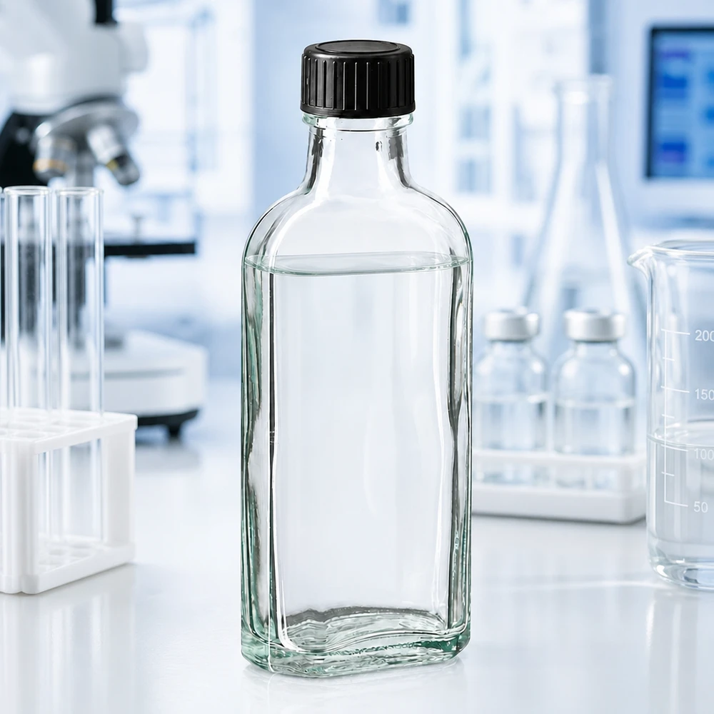 Läpinäkyvä 100 ml:n lasipullo, jossa on musta muovikorkki, laboratoriossa valkoisella työtasolla