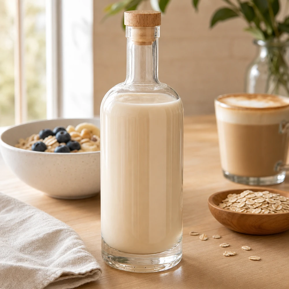 750 ml:n lasipullo Emma, jossa on puukorkki ja joka on täytetty kauramaidolla, murokulhon ja kahvikupin vieressä puupöydällä.
