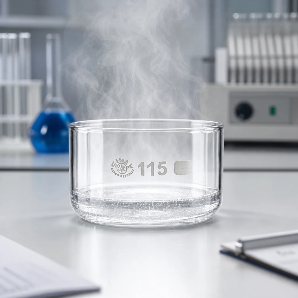 SIMAX-kiteytysastia 500 ml, josta nousee höyryä kuuman veden vaikutuksesta valkoisella laboratoriopinnalla