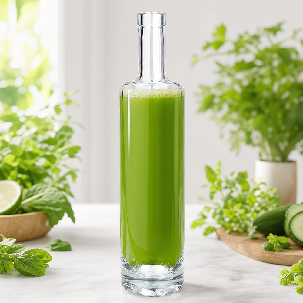500ml Glasflasche "Centurio" ohne Verschluss UNiTWIST® 500ml Linan lasipullo täynnä vihreää smoothieta tuoreiden yrttien ja vihannesten välissä luonnollisessa keittiökuvassa.