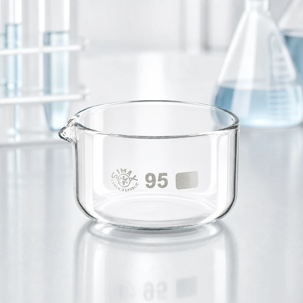 Pyöreä 300 ml:n laboratoriopullo, jossa on kaatonokka, valmistettu kirkkaasta borosilikaattilasista, valkoisella SIMAX-laboratoriotaustalla