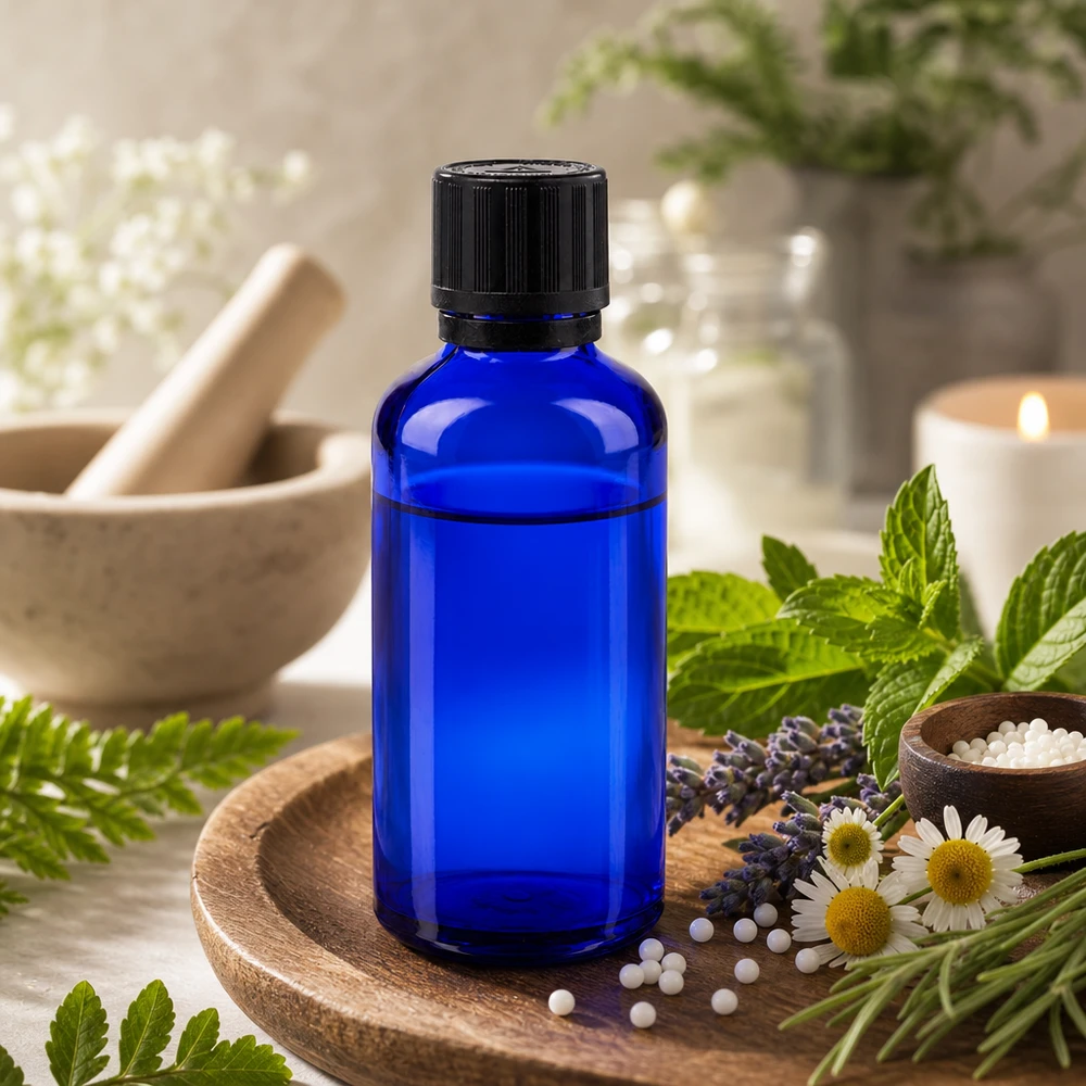 Apteekkipullo sininen 50ml tippapullo korkki kaatorengas 1mm musta lapsilukko sokea varoitussymboli peukaloinninesto sulkeminen. Sininen 50 ml:n lasipullo, jossa on musta korkki, puulevyllä, kamomilla- ja mintunlehtien ympäröimänä
