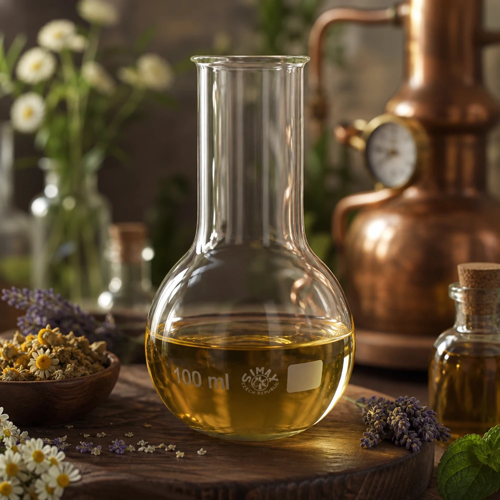 Lantiopullo 100ml leveä kaula Päärynänmuotoinen 100 ml:n laboratoriopullo, jossa on pitkä kaula tislatuille öljyille ja uutteille.
