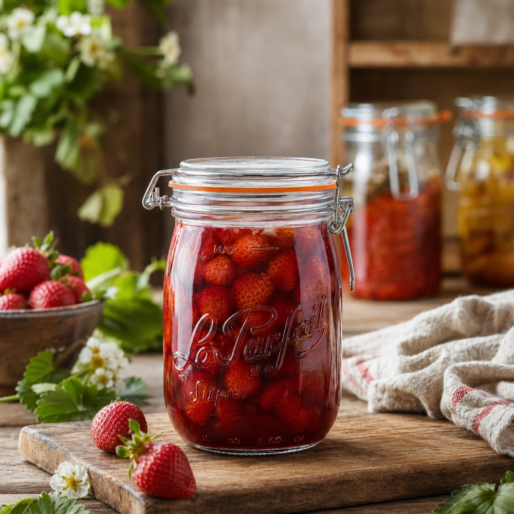 1000ml Le Parfait super säilytyspurkki, jossa on keinukansi ja joka on täytetty mansikoilla puulaudalla maalaismaisessa keittiössä.