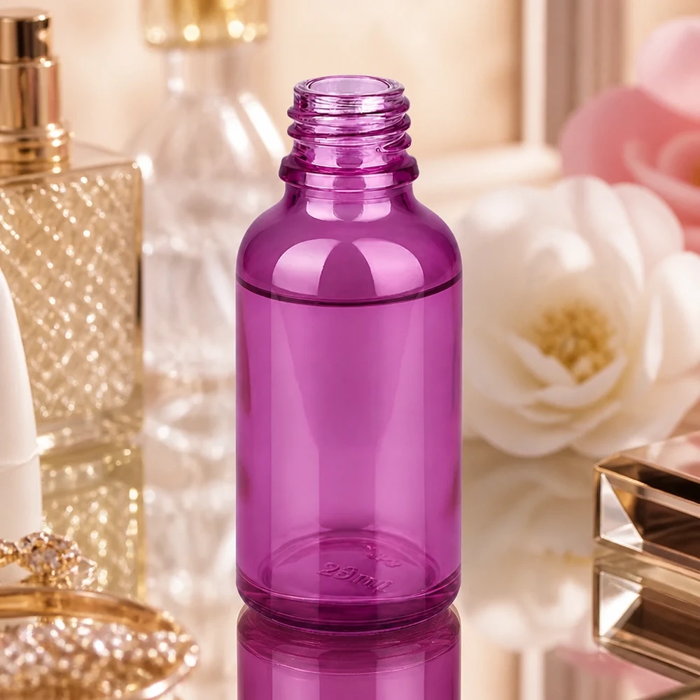 PurpleLine violetti 30ml lasipullo, jossa on erityinen UT18/30 kierrekorkki turvallista säilytystä varten.