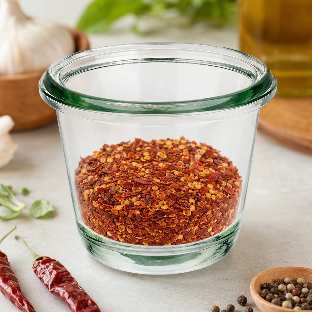 WECK gourmet-purkki RR60 80ml täynnä punaisia chilihiutaleita kuivattujen chilien ja pippurien välissä.