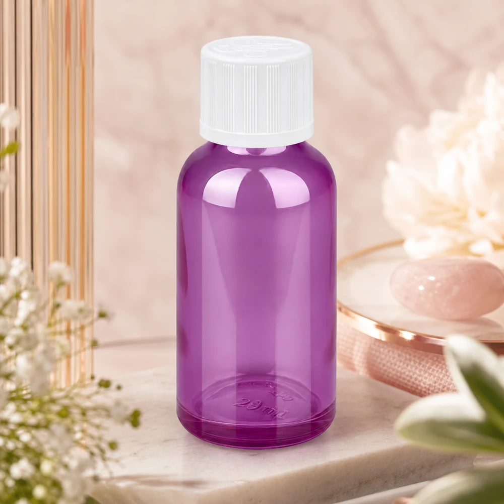 30ml tippapullo 1,2mm valkoinen standardi lapsiturvallinen PurpleLine.UT18/30 Korkealaatuinen 30 ml:n tippapullo, jossa on 1,2 mm:n tarkkuusaukko ja tyylikäs violetti muotoilu tarkkaa annostelua varten.