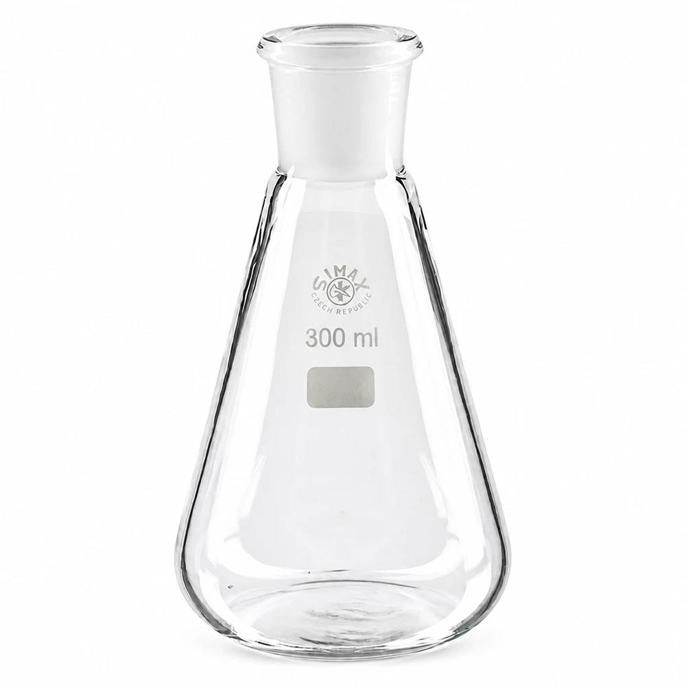 Erlenmeyer-pullo 300ml, kartiomainen ja hiottu liitos 29/32, valmistettu läpinäkyvästä laboratoriokaasusta.