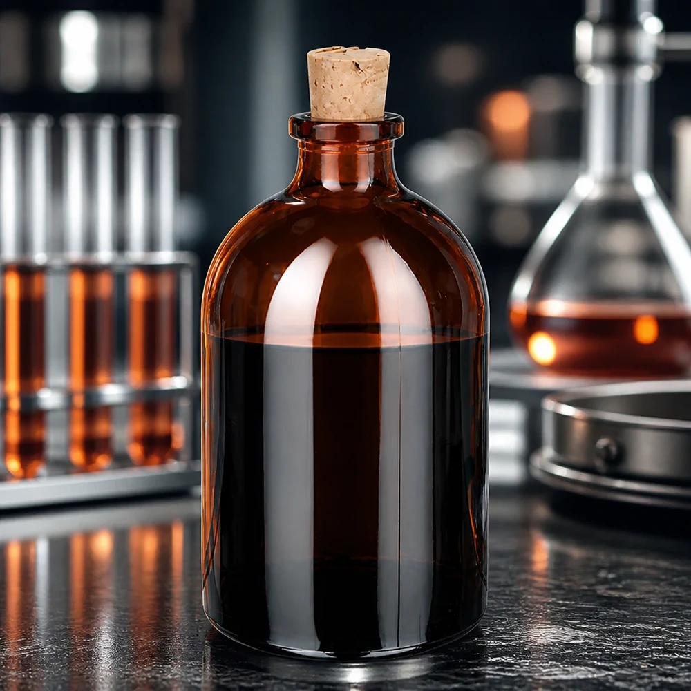 Klassische Rundflasche 100ml aus bernsteinfarbenem Laborglas mit Naturkorkverschluss 11/14mm