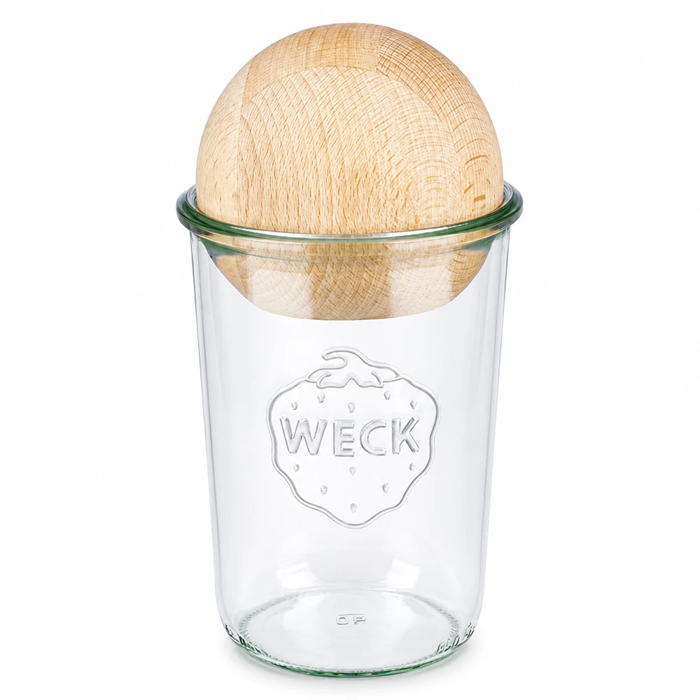 WECK RR100 tumblers 850ml, jossa on pyökkipuinen pallokansi, läpinäkyvä säilöntäpurkki, jossa on puukansi