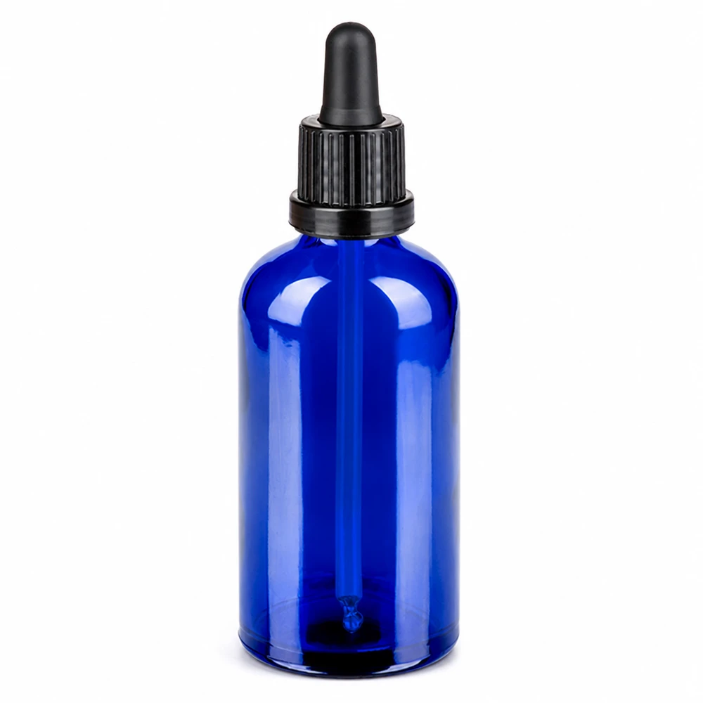 Sininen pipettipullo 100ml lasista, jossa on musta pipetti tarkkaa annostelua varten.
