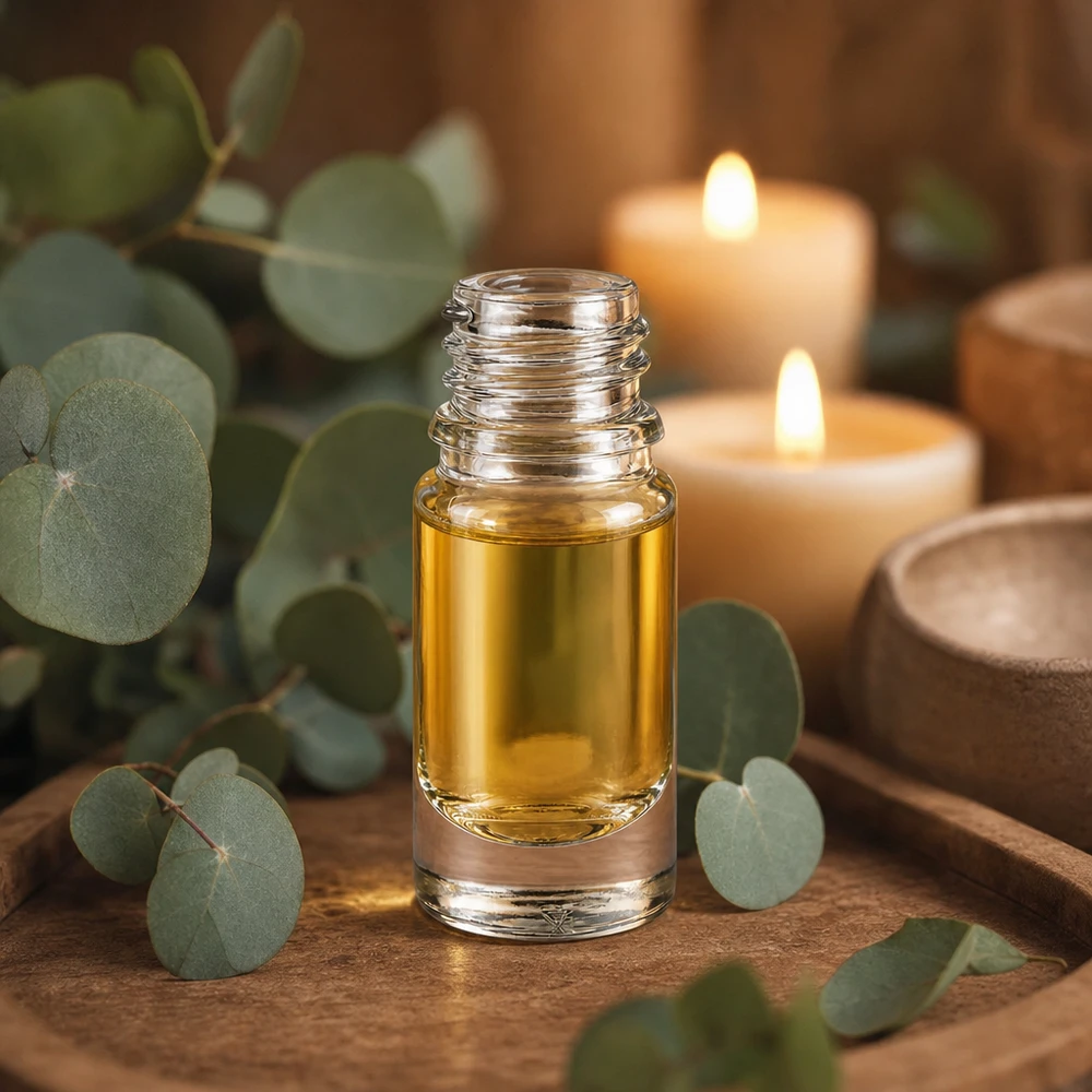 Kirkas lasipullo 5ml DIN 18 5ml Apteekkipullo ApoGlas, jossa on kullankeltaista nestettä rentouttavassa aromaterapian ilmapiirissä.