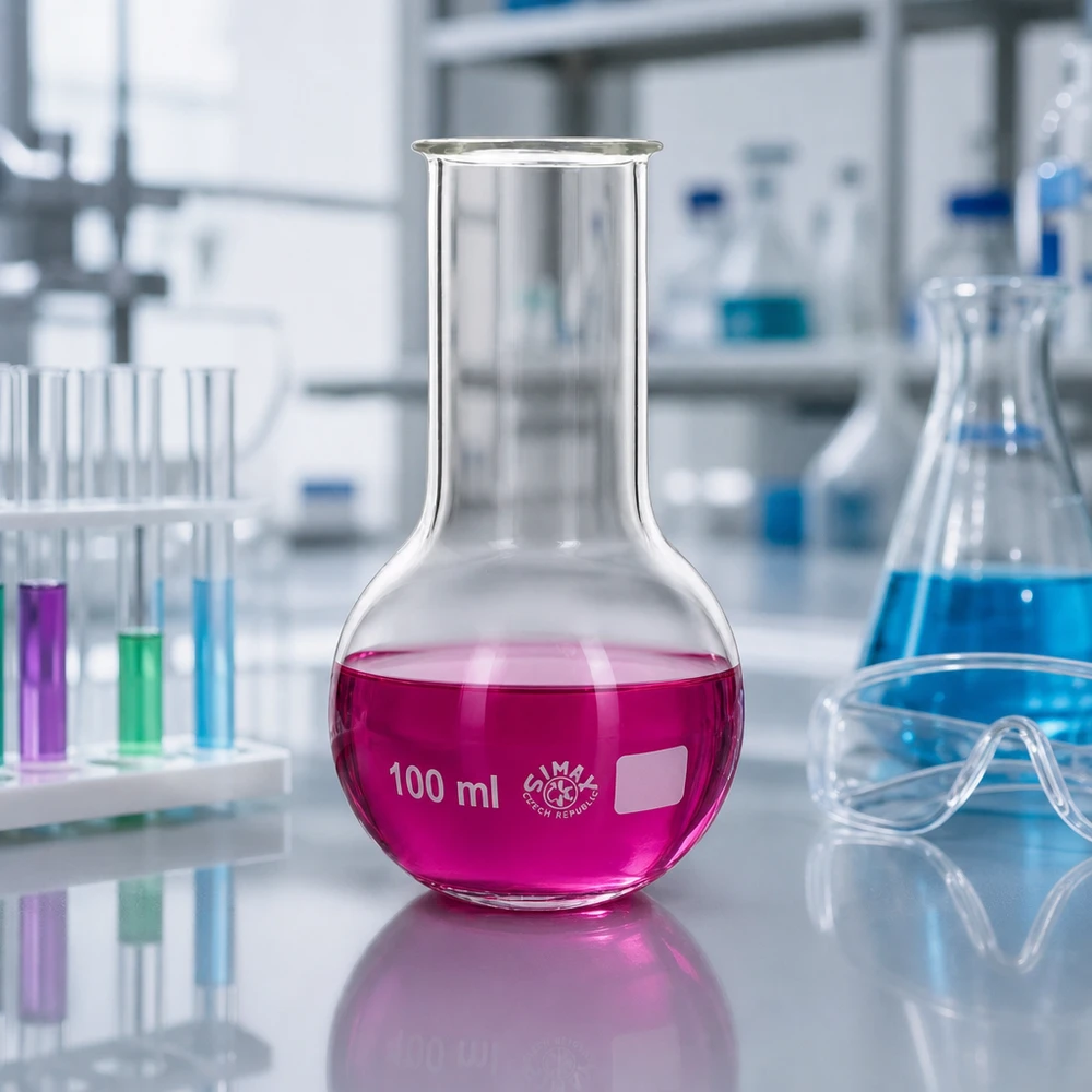 Läpinäkyvästä laboratoriolasista valmistettu 100 ml:n pullo, jossa on leveä kaula helppoa täyttöä ja puhdistusta varten.