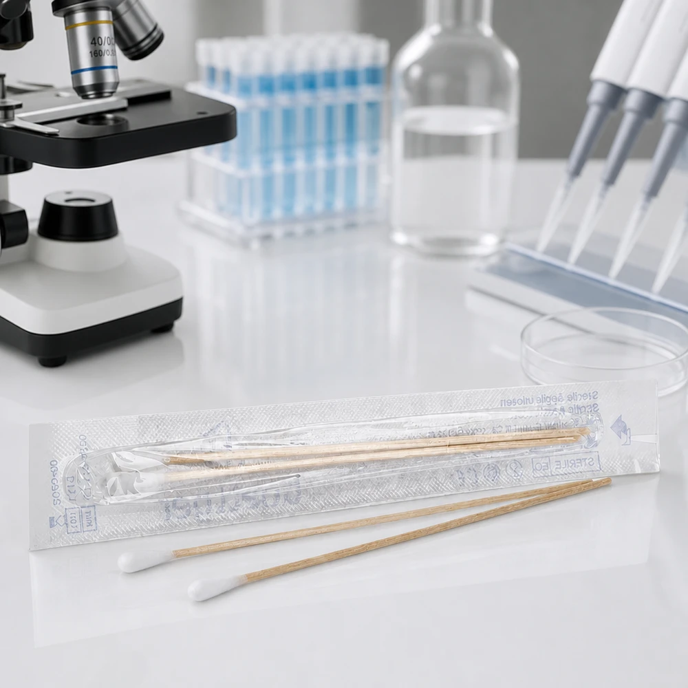 Pumpulipuikot STERIL (2 kpl) Sterilit puuvillatikut laboratoriossa mikroskoopin ja koeputkien vieressä lääketieteellisiin käyttötarkoituksiin