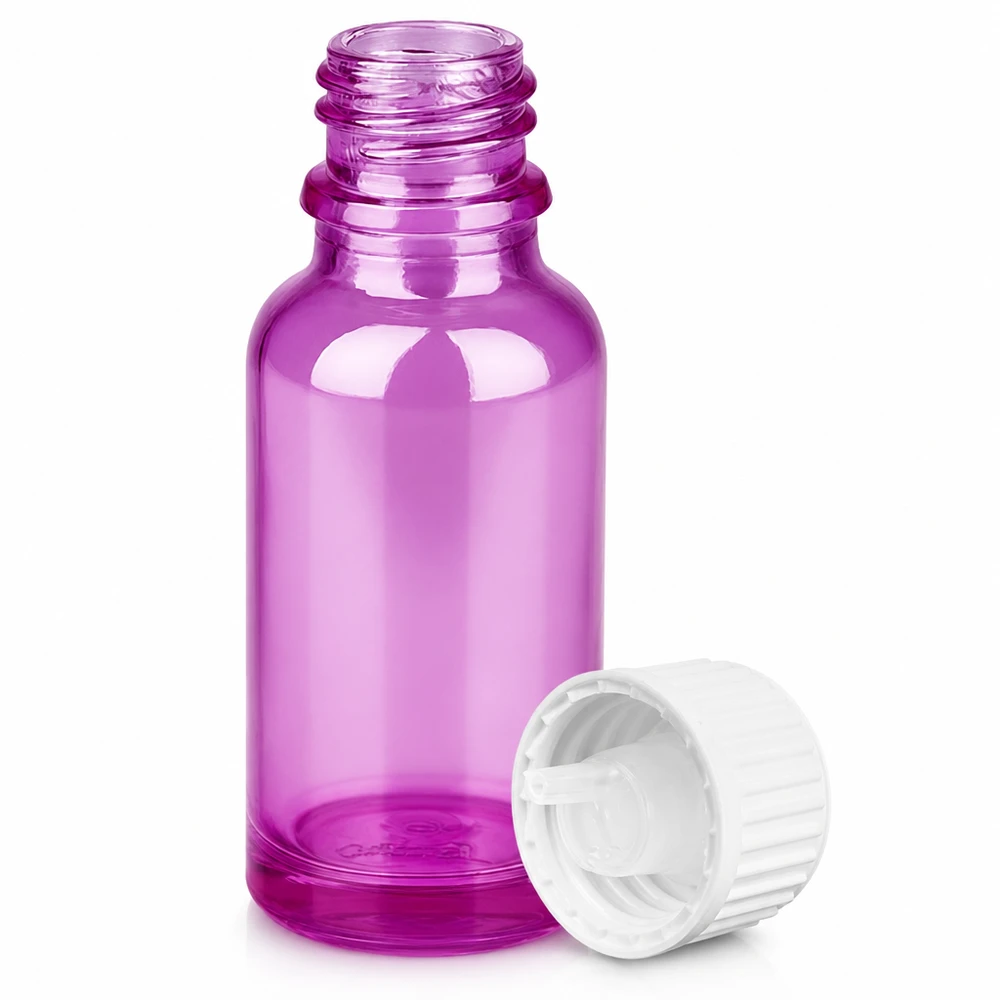 Violetti 20ml lasipullo valkoisella tiputuskorkilla eteerisille öljyille ja seerumeille.