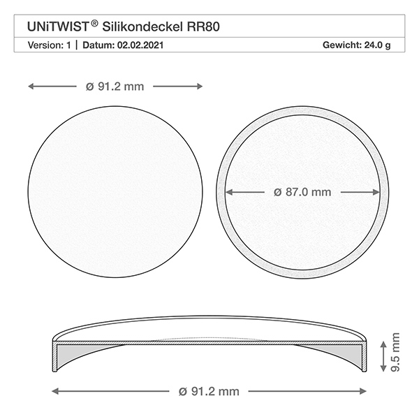 165ml juomalasit WECK RR80 silikonikannella valkoinen Tekninen piirustus WECK silikonikansi RR80, jonka mitat ovat 91.2mm halkaisija 9.5mm korkeus tulppaanipurkkiin 370ml.
