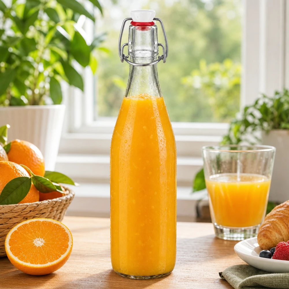 500ml lasipullo + kiikku PVC UNiTWIST 500ml Glasflasche Bügelverschluss befüllt mit frischem Orangensaft Frühstück gesunde Getränke Vintage Design