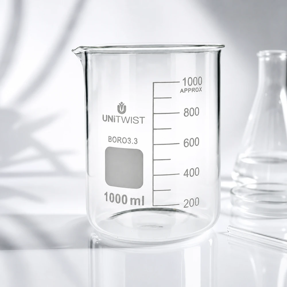 Lasi 1000ml borosilikaatti, matala muotti UNiTWIST UNiTWIST-lasikulho 1000 ml, borosilikaattilasia 3.3, matala malli, läpinäkyvä, tyhjä, valkoisella taustalla