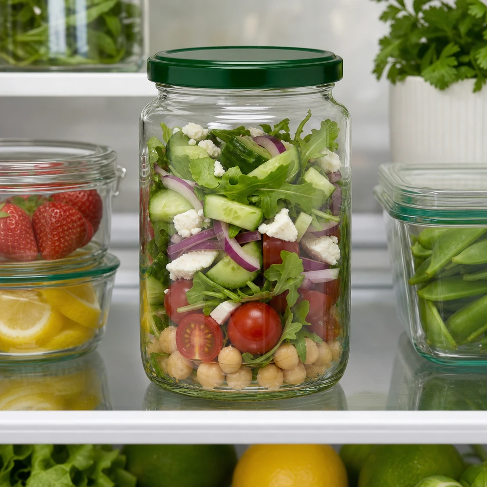 795ml UNiTWIST Rundglas mit grünem Deckel gefüllt mit Salat im Kühlschrank - perfekt für Meal Prep und Vorratshaltung