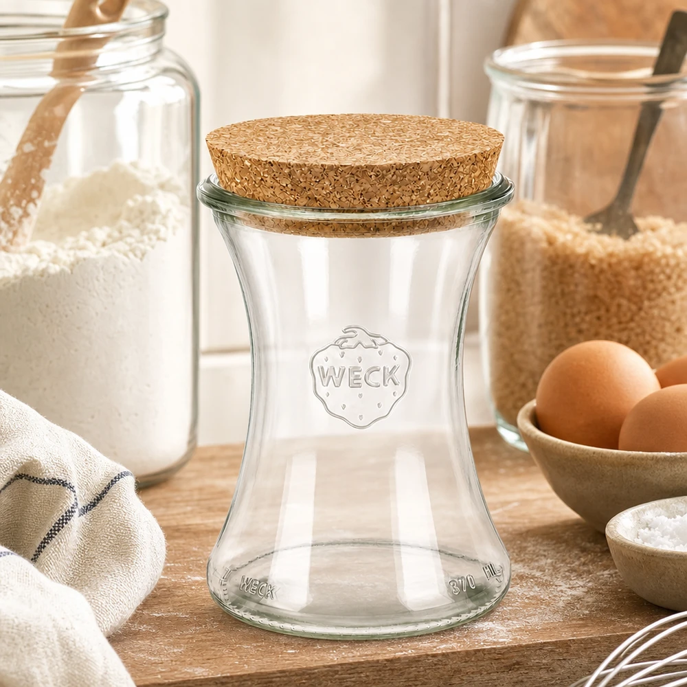 WECK säilytyspurkki 370ml RR80 korkkikannella maalaismaisessa keittiössä jauhopurkkien, munien ja leivonta-ainesten välissä.