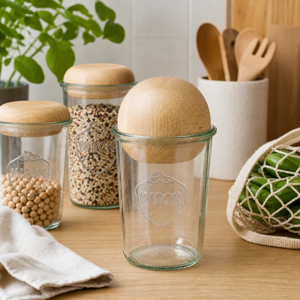 850ml juomapullot WECK RR100 puupallolla pyökki WECK RR100 tumblers 850ml tyhjä pyökkipallolla puupöydällä, kestävä keittiöväline, jossa on säilytysvälineitä