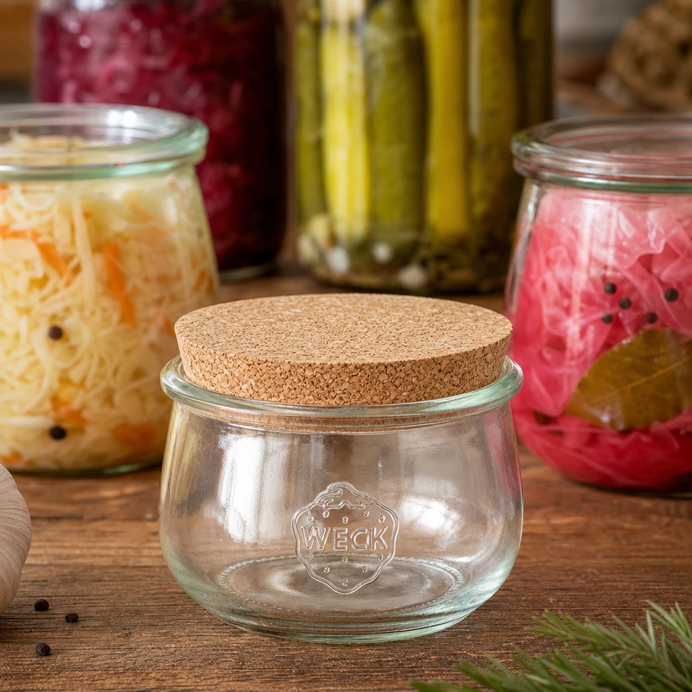 580ml tulppaanipurkki WECK RR100 korkilla luonnollinen WECK tulppaanipurkki RR100 580ml luonnonkorkilla käyneiden vihannespurkkien ja suolakurkun koristeen välissä.