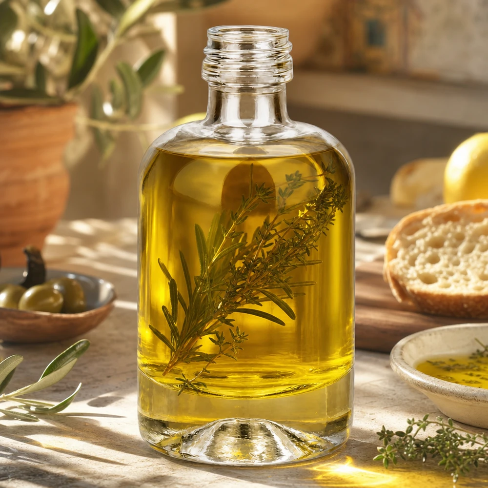 40ml lasipullo Sara täytetty yrttiöljyllä esimerkkinä kosmetiikan ja aromaterapian sovelluksesta.