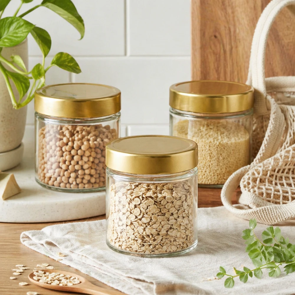 154ml pyöreä purkki, jossa on BasicSeal-kansi kultainen syvä UNiTWIST 154ml Rundglas BasicSeal gold Vorratsdosen Set Haferflocken Kichererbsen Quinoa nachhaltige Küchen Aufbewahrung