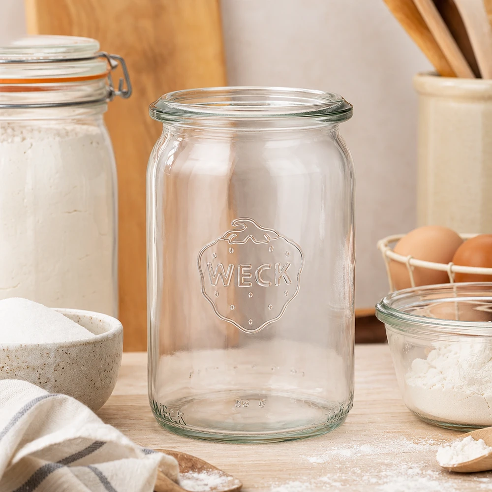 145ml sylinteripurkki WECK RR40 WECK RR40-sylinteripurkki 145ml, joka on sijoitettu ilmavasti moderniin keittiöön jauhojen ja munien säilytyspurkkien väliin.