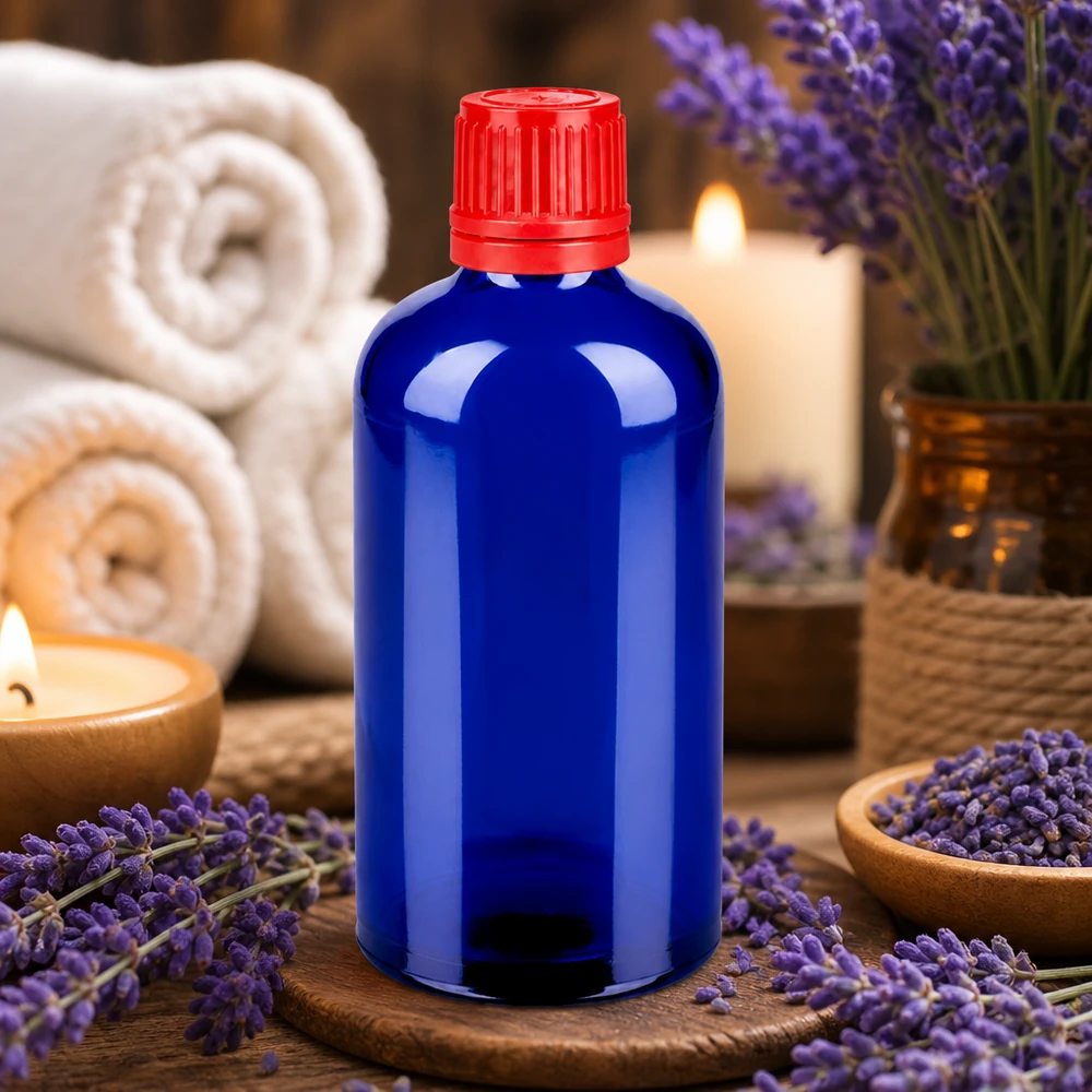 100ml aromaterapiapullo koboltinsininen, punainen korkki eteerisille öljyille ja hyvinvointiin.