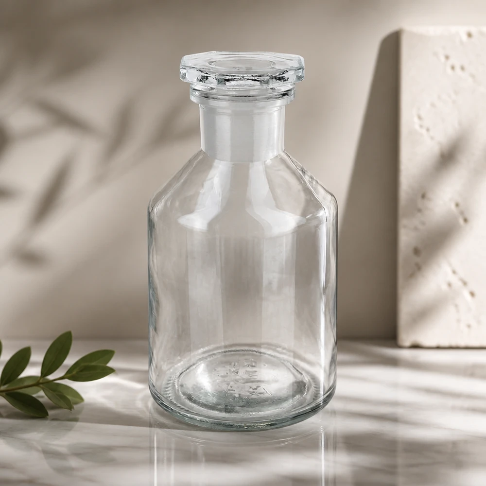 Jyrkkäkaulainen pullo 50ml kirkas kapeakaulainen lasitulppa Tyhjä, jyrkärintaisen muotoinen 50 ml:n pullopullo, kapeakaulainen, läpinäkyvää lasia, jossa on viistokärkinen lasikorkki