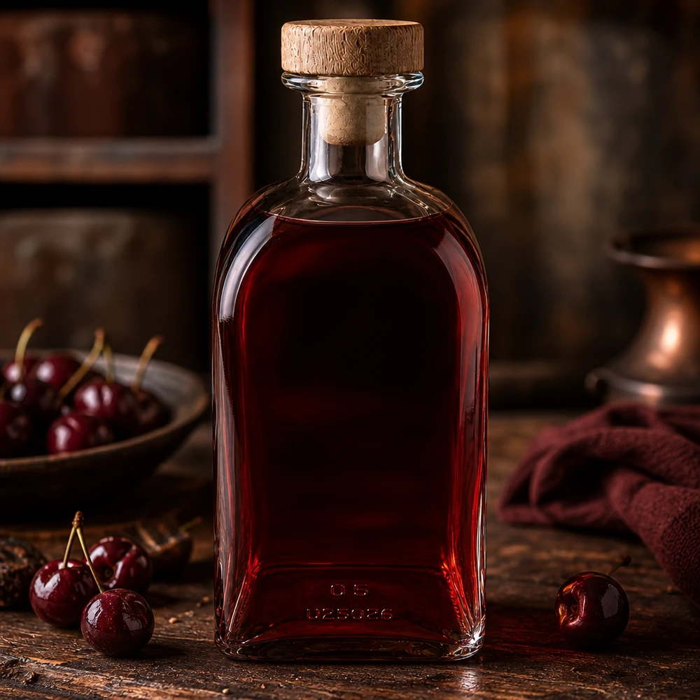 500ml Glasflasche "Julia" mit Holzgriff-Korken UNiTWIST 500ml Julia-lasipullo, jossa on korkki ja joka on täytetty punaisella kirsikkaliköörillä maalaispuun ja tuoreiden kirsikoiden kanssa.