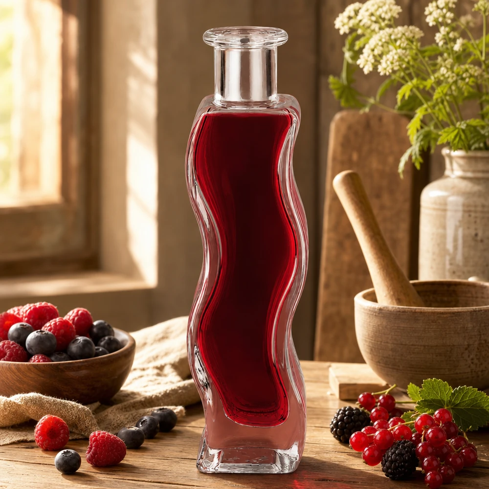 Glasflasche Melissa 100ml mit rotem Beerensaft in natürlicher Küche umgeben von frischen Beeren und Holzschalen
