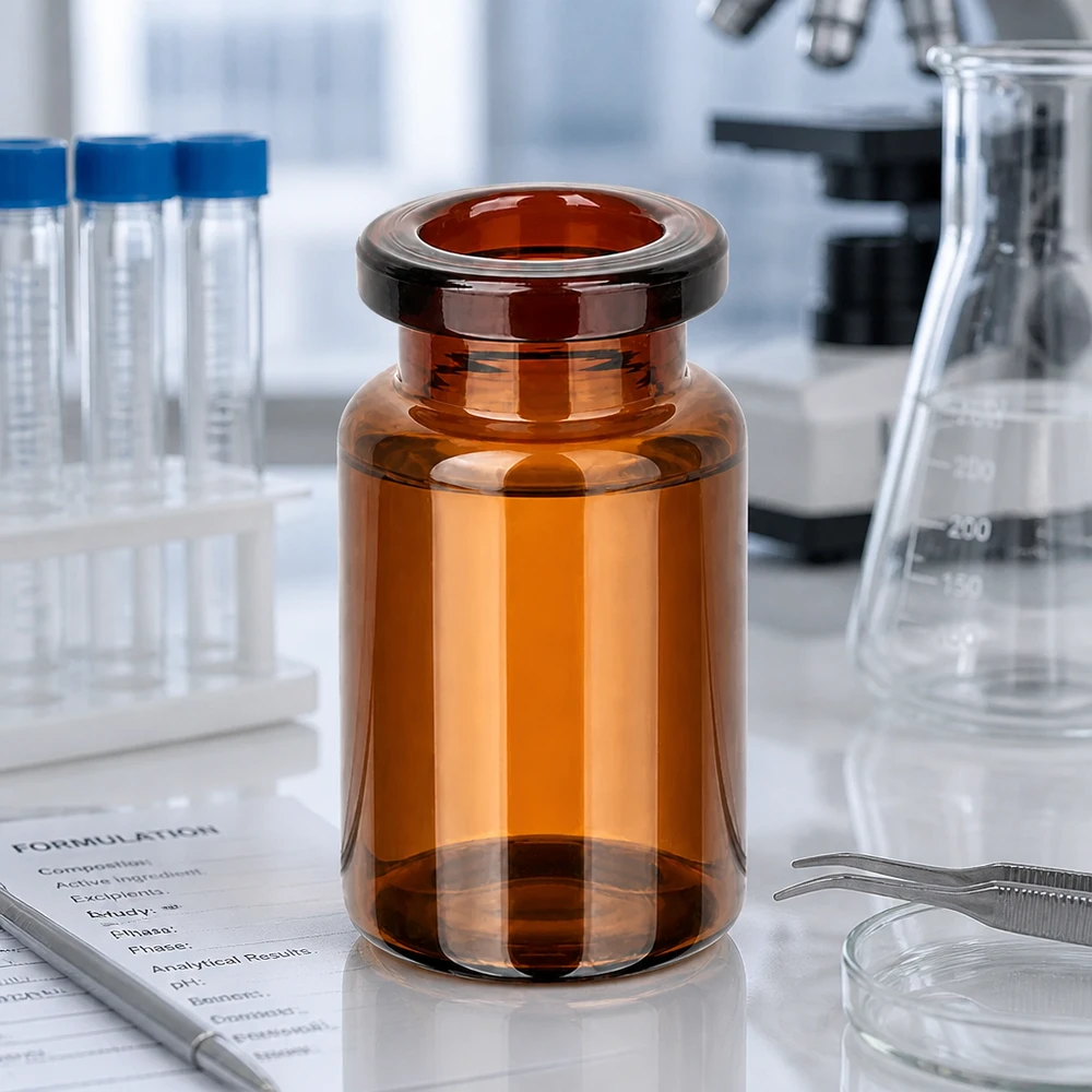 Leere Injektionsflasche Braunglas 5ml neben Erlenmeyerkolben und Formulation Sheet
